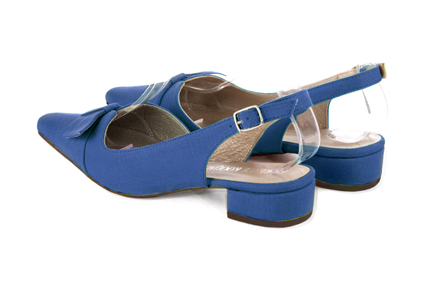 Electric blue women's open back shoes, with a knot. Tapered toe. Low block heels. Rear view - Florence KOOIJMAN